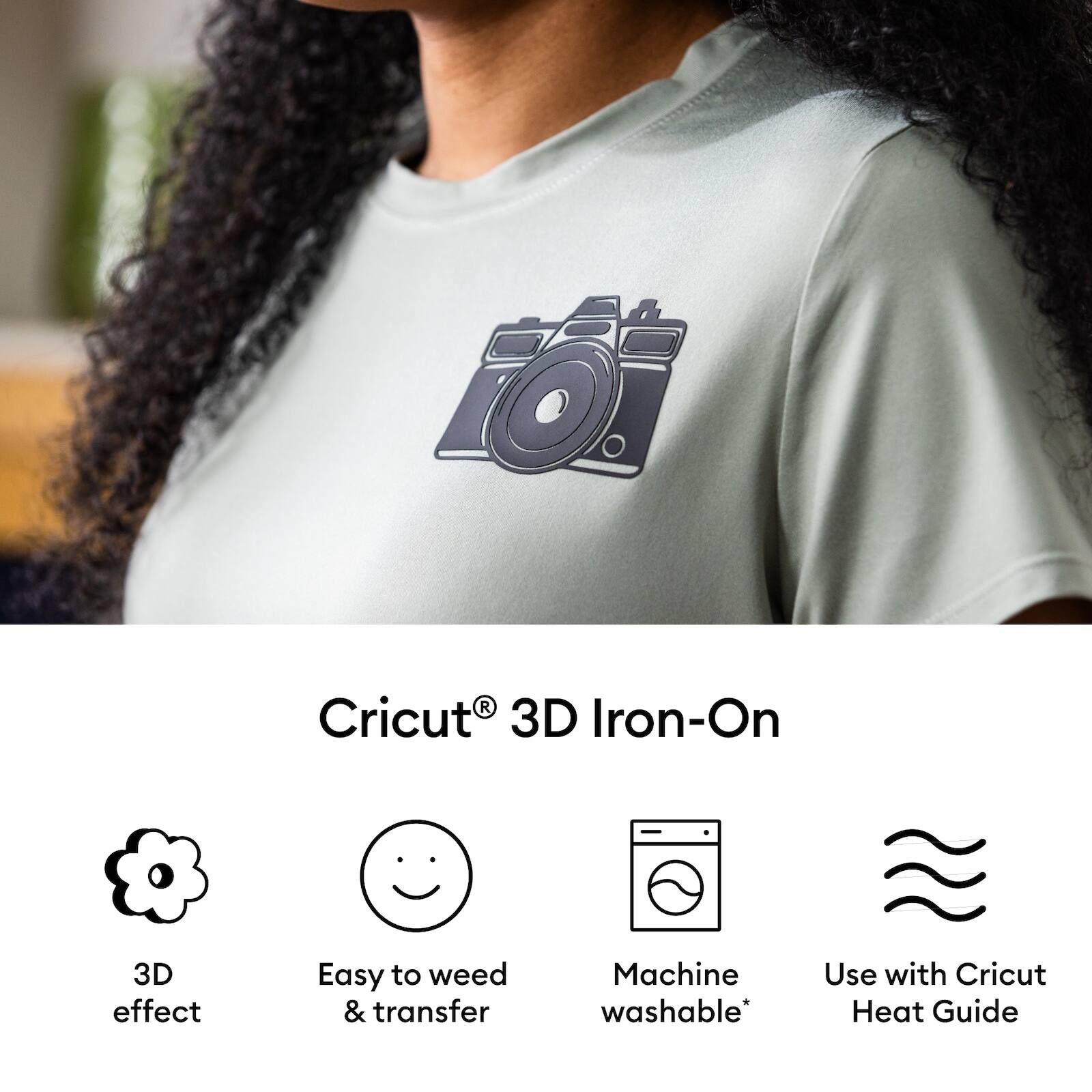 Cricut® 3D Iron-On

- 3D effect
- Easy to weed & transfer
- Machine washable*
- Use with Cricut Heat Guide