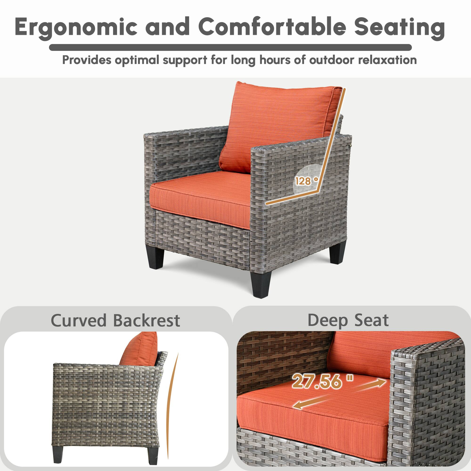 Ergonomic and Comfortable Seating  
Provides optimal support for long hours of outdoor relaxation  

Curved Backrest  
128°  

Deep Seat  
27.56"