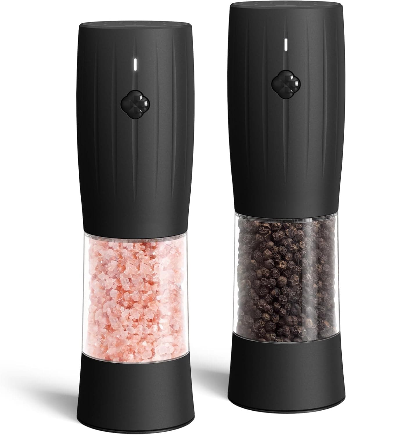 Front. FINEAK - Rechargeable Electric Salt and Pepper Grinder Set with LED Light - Housewarming Gift - Black.