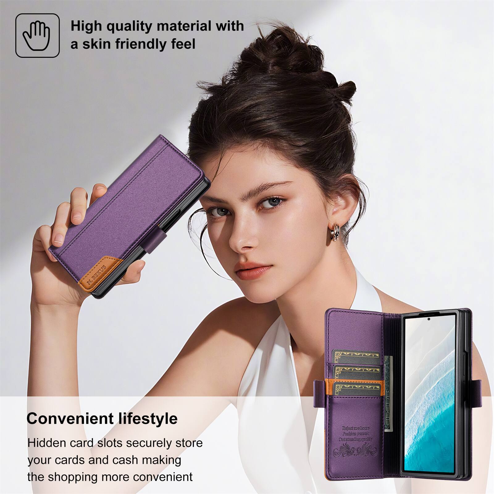 High quality material with a skin friendly feel

N.BEKUS

Convenient lifestyle
Hidden card slots securely store your cards and cash making the shopping more convenient