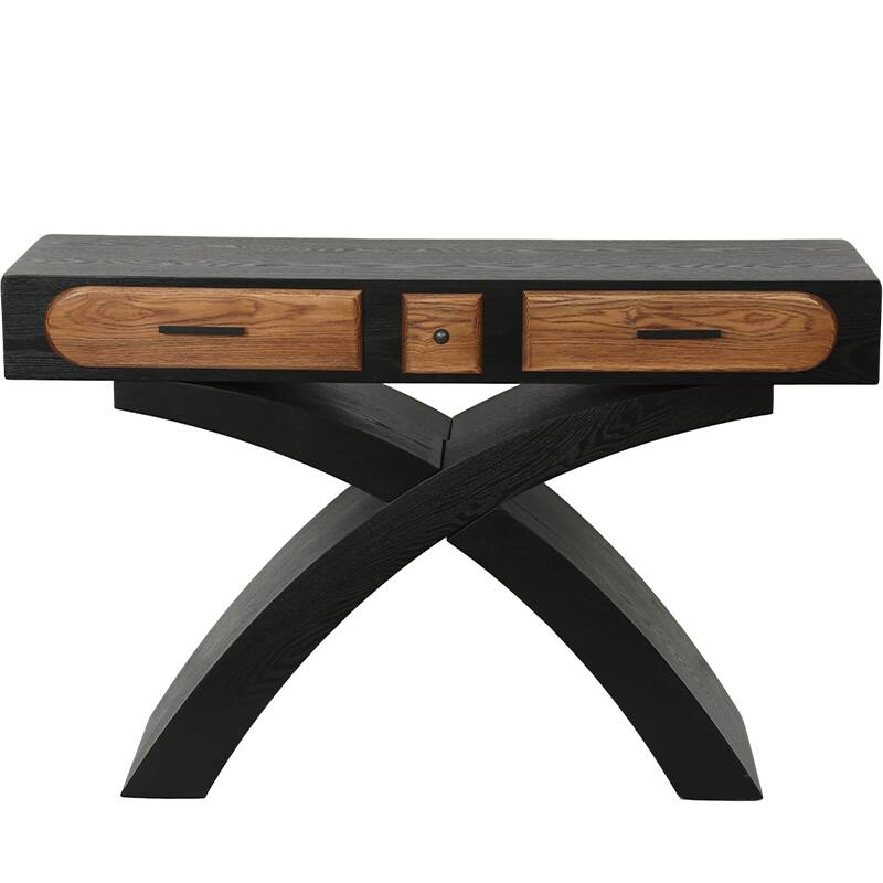 Back. Whisen - Ashwood Veneered Console Table with 2 Drawers, Cross-Leg Entryway Table for Hallway & Dining Room - Black.