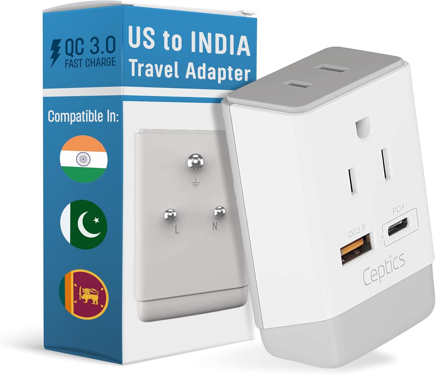 Ceptics - US to India Plug Adapter Type D with USB-C Fast Charging (AP-10) - White