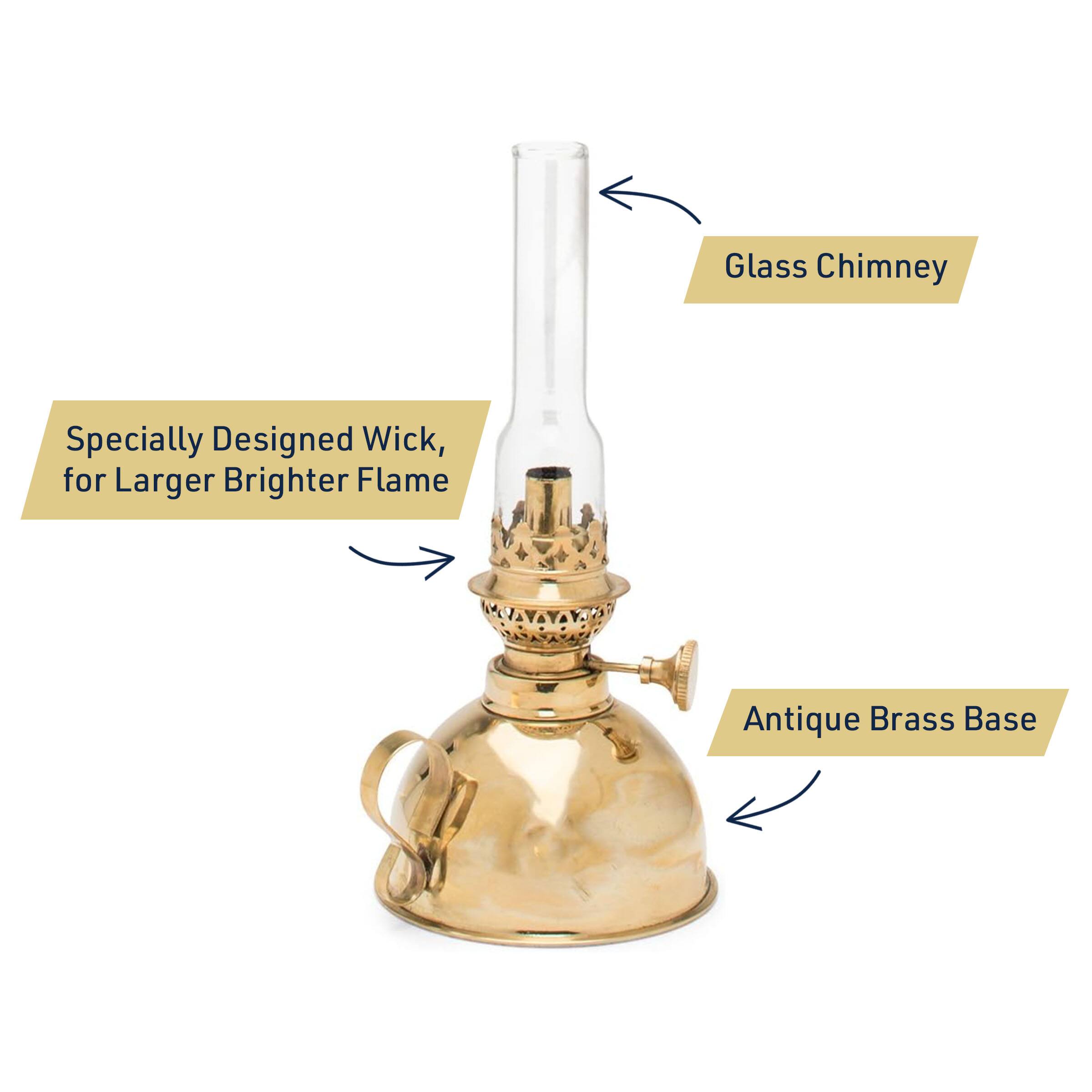 - Glass Chimney
- Specially Designed Wick, for Larger Brighter Flame
- Antique Brass Base
