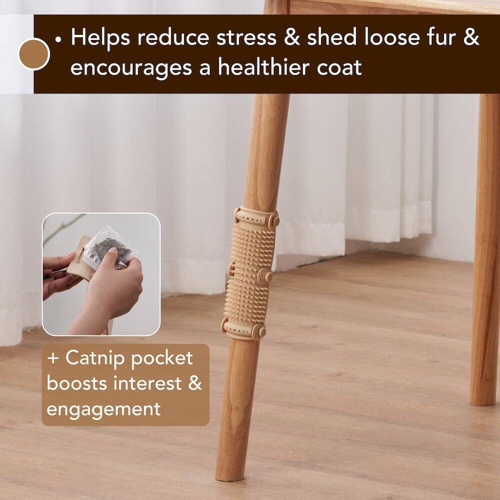 - Helps reduce stress & shed loose fur & encourages a healthier coat
- Catnip pocket boosts interest & engagement