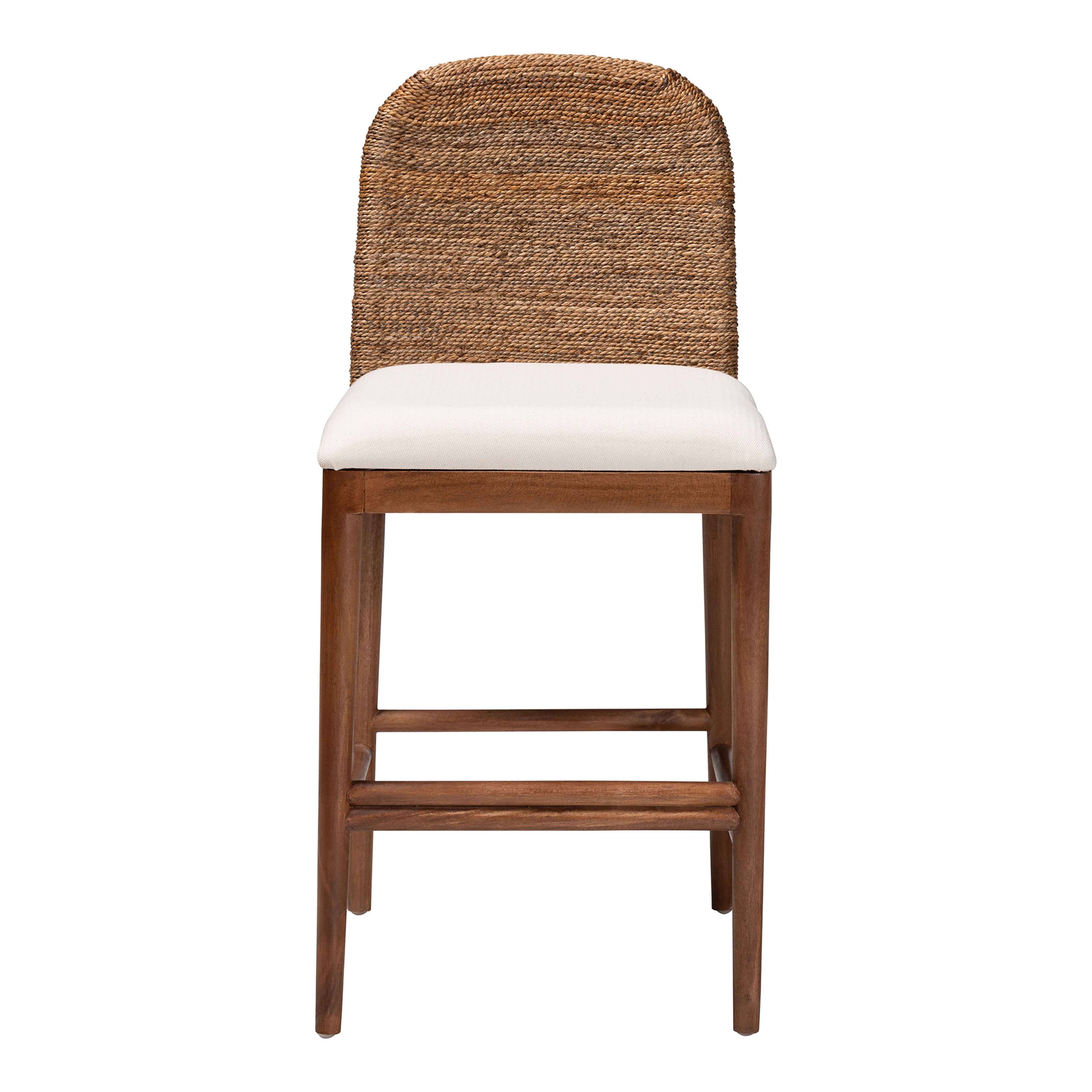 Angle. bali & pari - Nadim Modern Bohemian Seagrass and Acacia Wood Counter Stool - White/Natural Brown/Natural Seagrass.