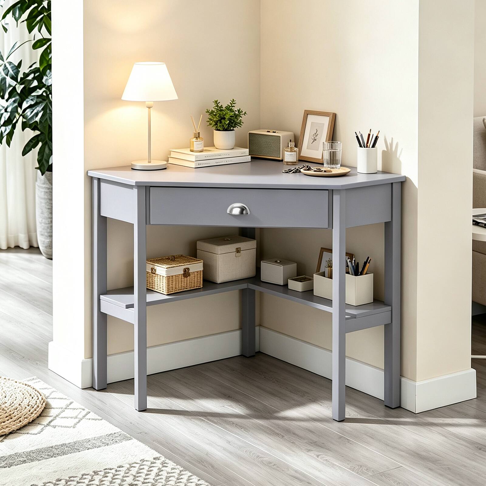 Alt View 1. Gymax - Gymax Space-saving Triangular Computer Desk w/ Solid Wood Legs for living room Hallway Home Office Gray - Gray.
