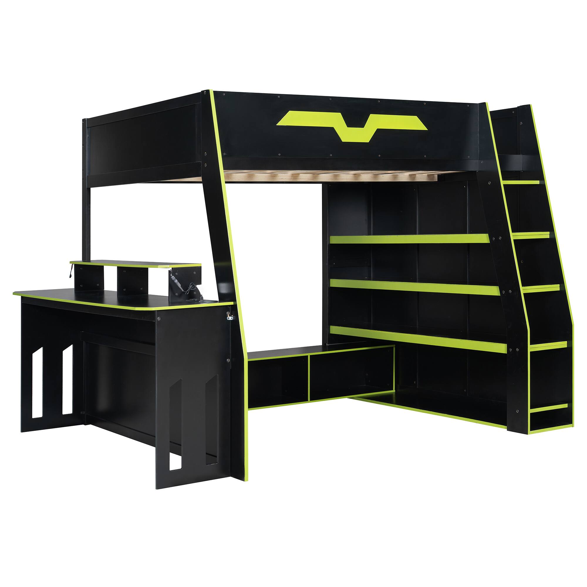 Alt View 6. Anysun - Full Size Wood Loft Bed with Desk, Multi-storage Shelves and RGB Light, Table with adjustable placement - Green.