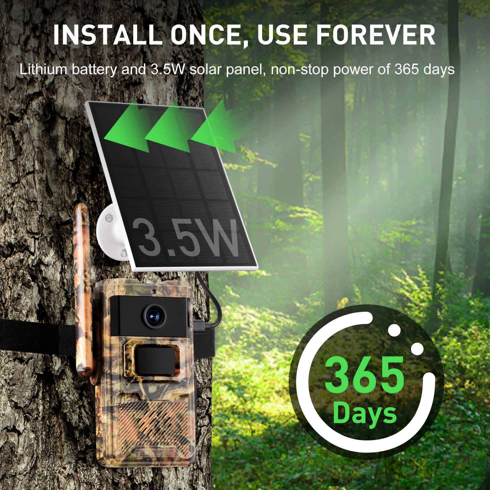 INSTALL ONCE, USE FOREVER  
Lithium battery and 3.5W solar panel, non-stop power of 365 days