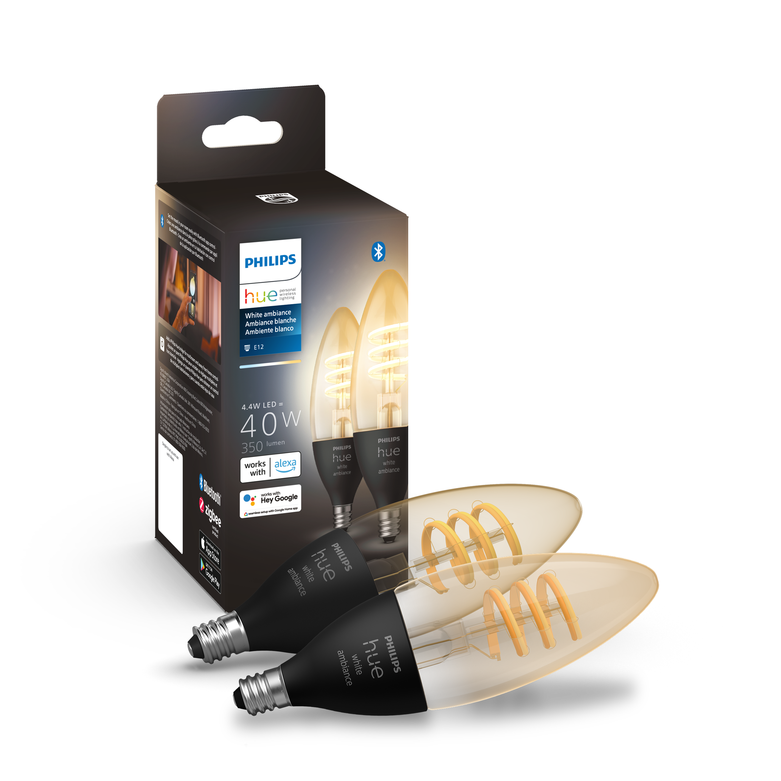Philips - Hue 75W White Ambiance 4.9W Filament Candle E12 Smart Bulbs, 2pk