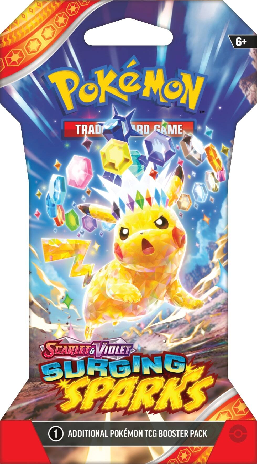 The text on the image reads: "6+ PoKMoN TM TRAD RD GAME SCARLET & VIOLET SURGING SPARKS 1 ADDITIONAL POKMON TCG BOOSTER PACK."