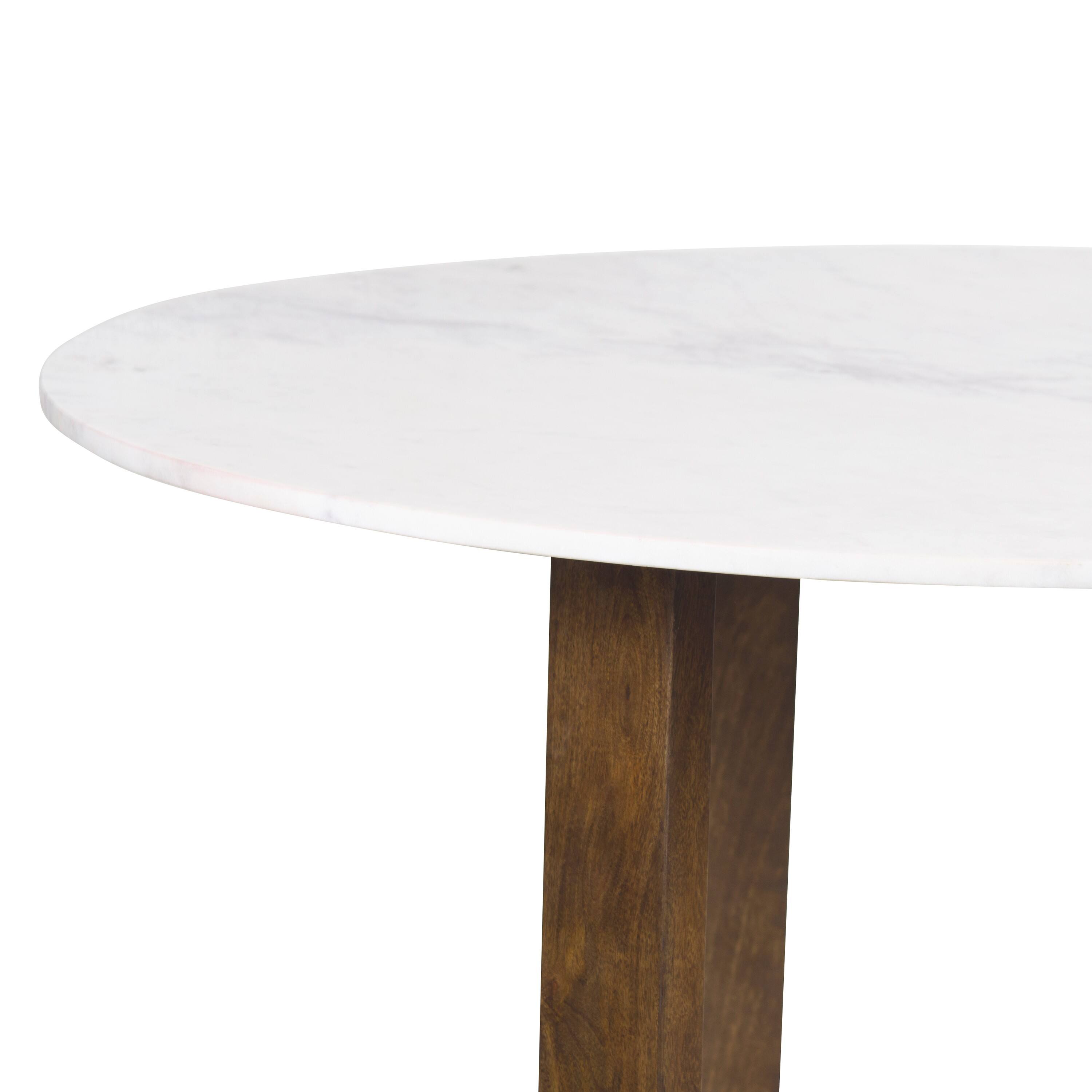 Back. Manhattan Lane - Fina 48 Inch Round Dining Table, White Genuine Marble Top, Natural Brown Mango Wood 3 Leg Sled Base - White, Natural Brown.