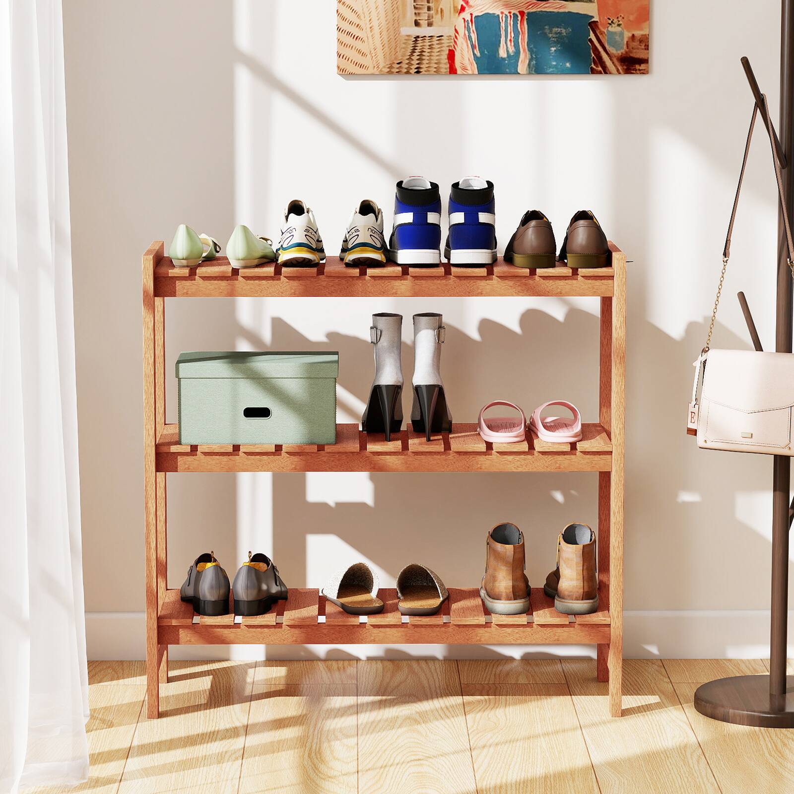 Alt View 7. Gymax - Gymax 3-Tier Solid Wood Plant Stand w/Slatted Shelves Take Oil Finish Indoor Outdoor - Natural.