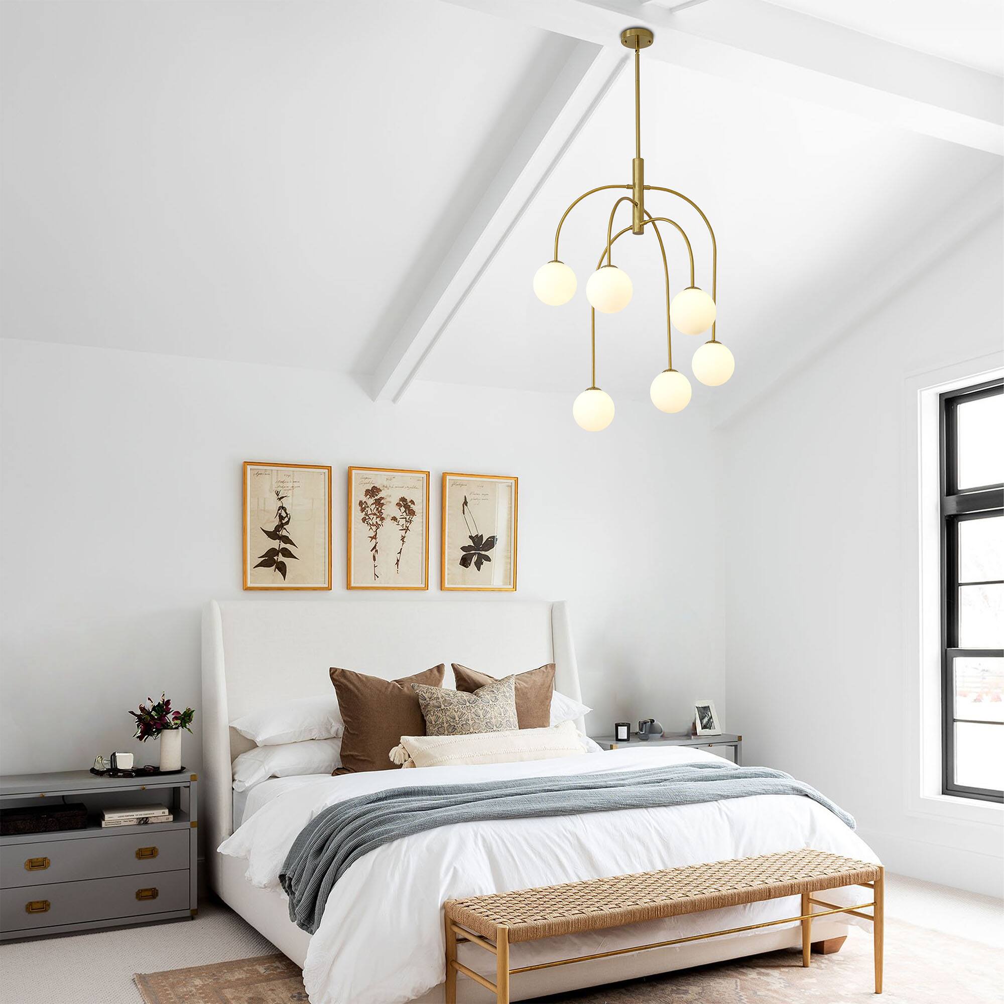 Alt View 1. RYHNUYNE - 6-Light Gold Sputnik Chandelier,Mid Century Modern Chandelier with Milk Glass Shades,Globe Chandelier for Dining Room - Gold.