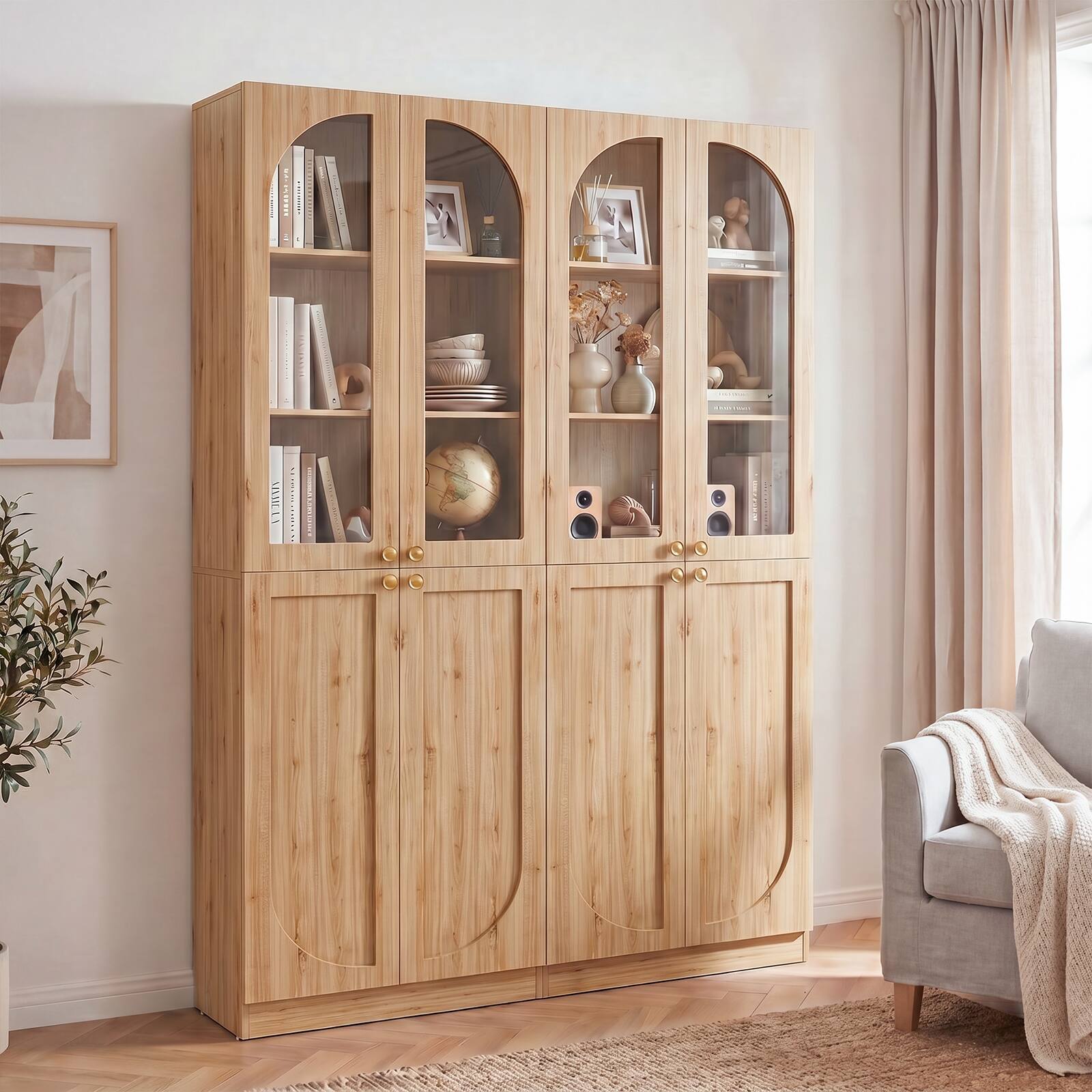 Left. Aheaplus - 47.2'' Wide 6-Tier Bathroom Storage Cabinet, Set of 2, with 8 Doors and Adjustable Shelves - Nature Oak.