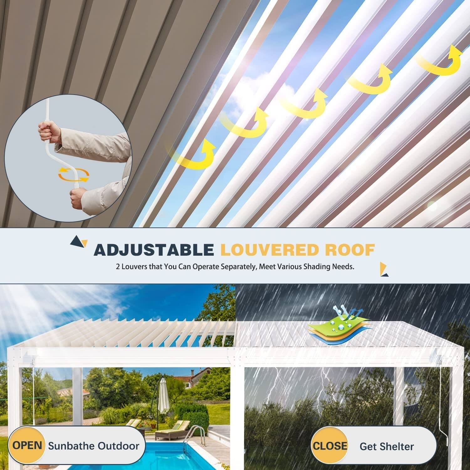 ADJUSTABLE LOUVERED ROOF  
2 Louvers that You Can Operate Separately, Meet Various Shading Needs.

OPEN  
Sunbathe Outdoor

CLOSE  
Get Shelter