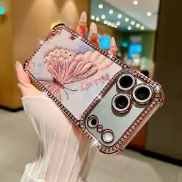 Dteck - Luxury Bling Glitter Butterfly Rhinestone Case for Apple iPhone 17 Pro Max, Shockproof Hard PC TPU Cover - Pink