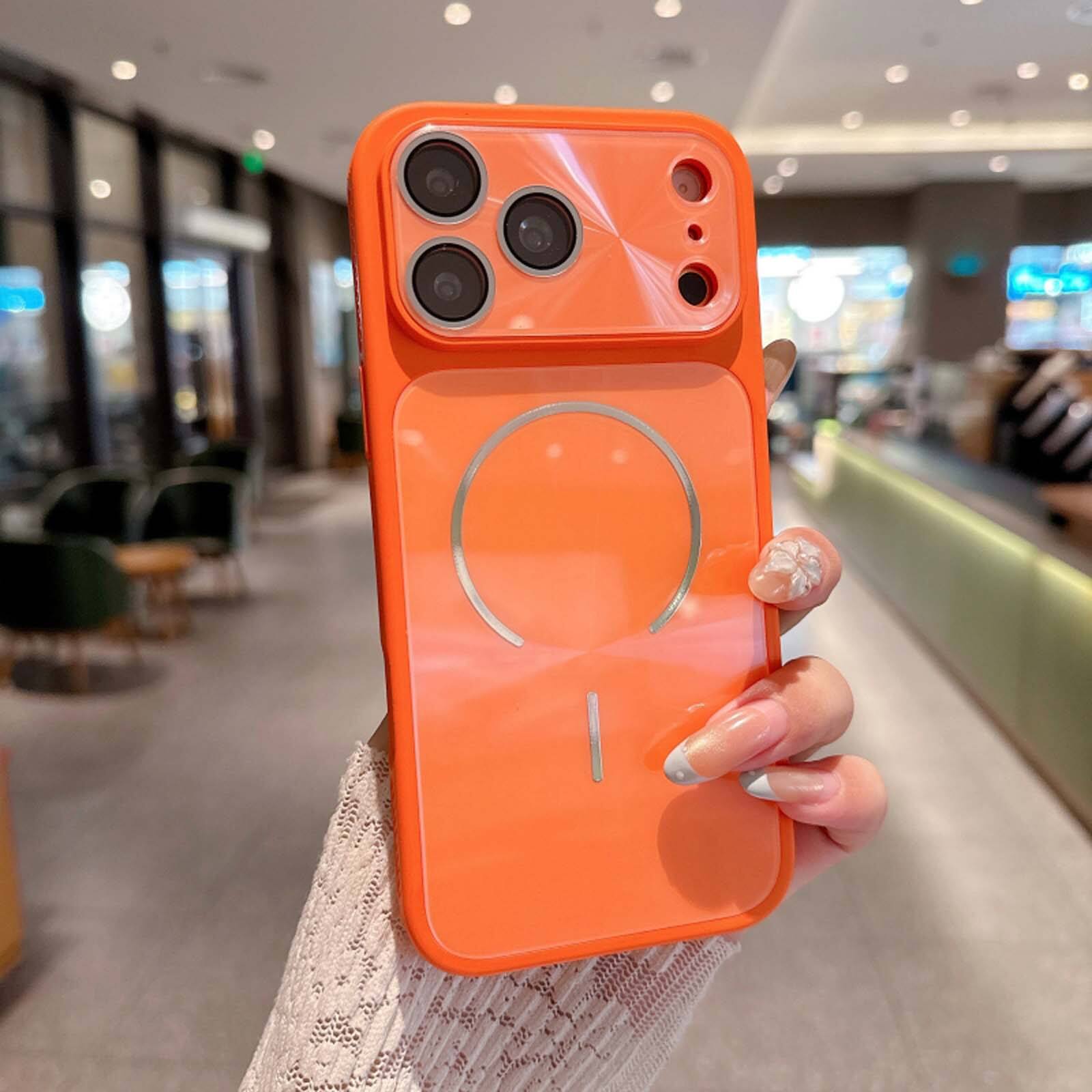 Angle. Dteck - Magnetic Shockproof Phone Case for Apple iPhone 17 Pro Max, CD Texture Slim Hybrid Protective Cover Built-in Lens Film - Orange.