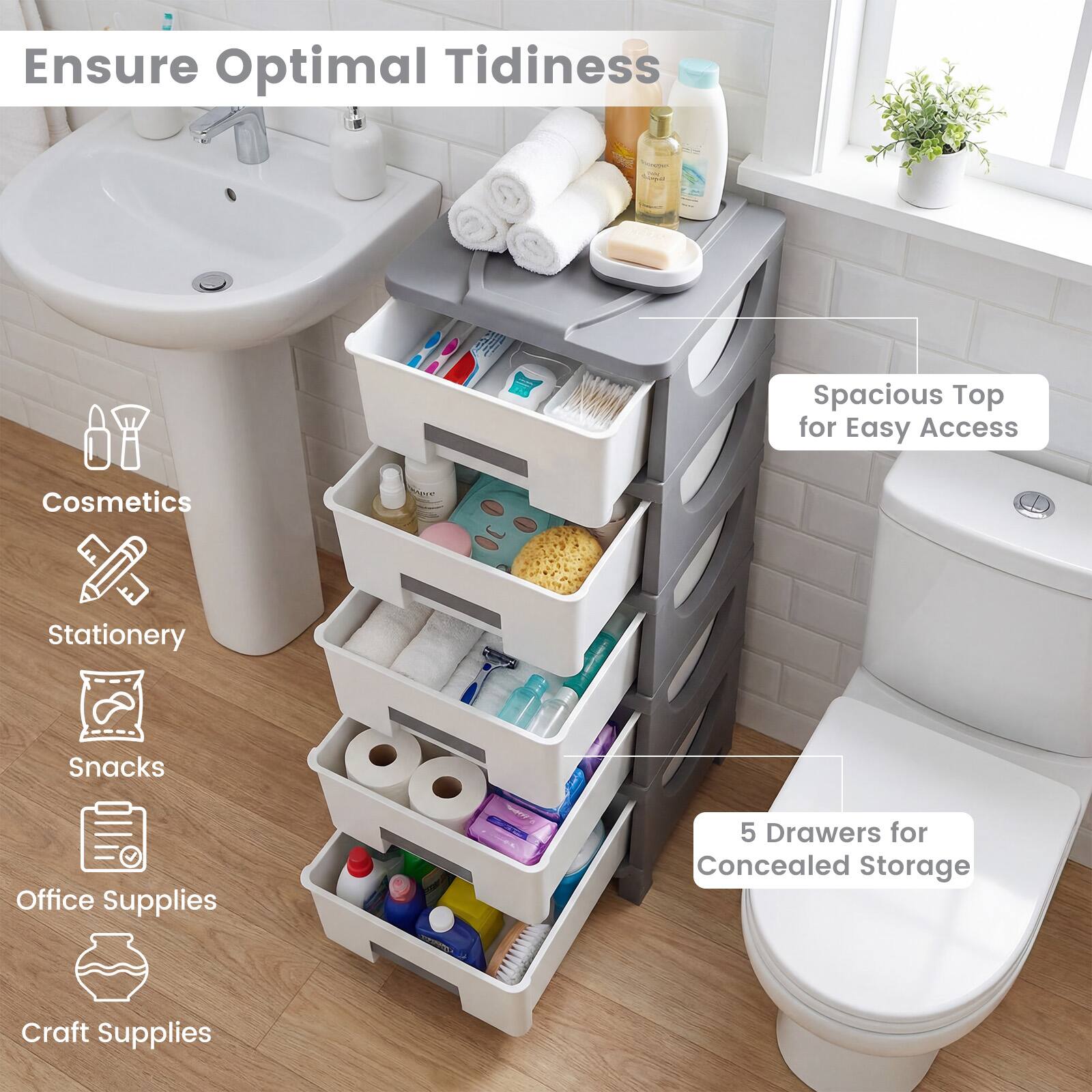 Ensure Optimal Tidiness  
Spacious Top for Easy Access  
5 Drawers for Concealed Storage  

Cosmetics  
Stationery  
Snacks  
Office Supplies  
Craft Supplies