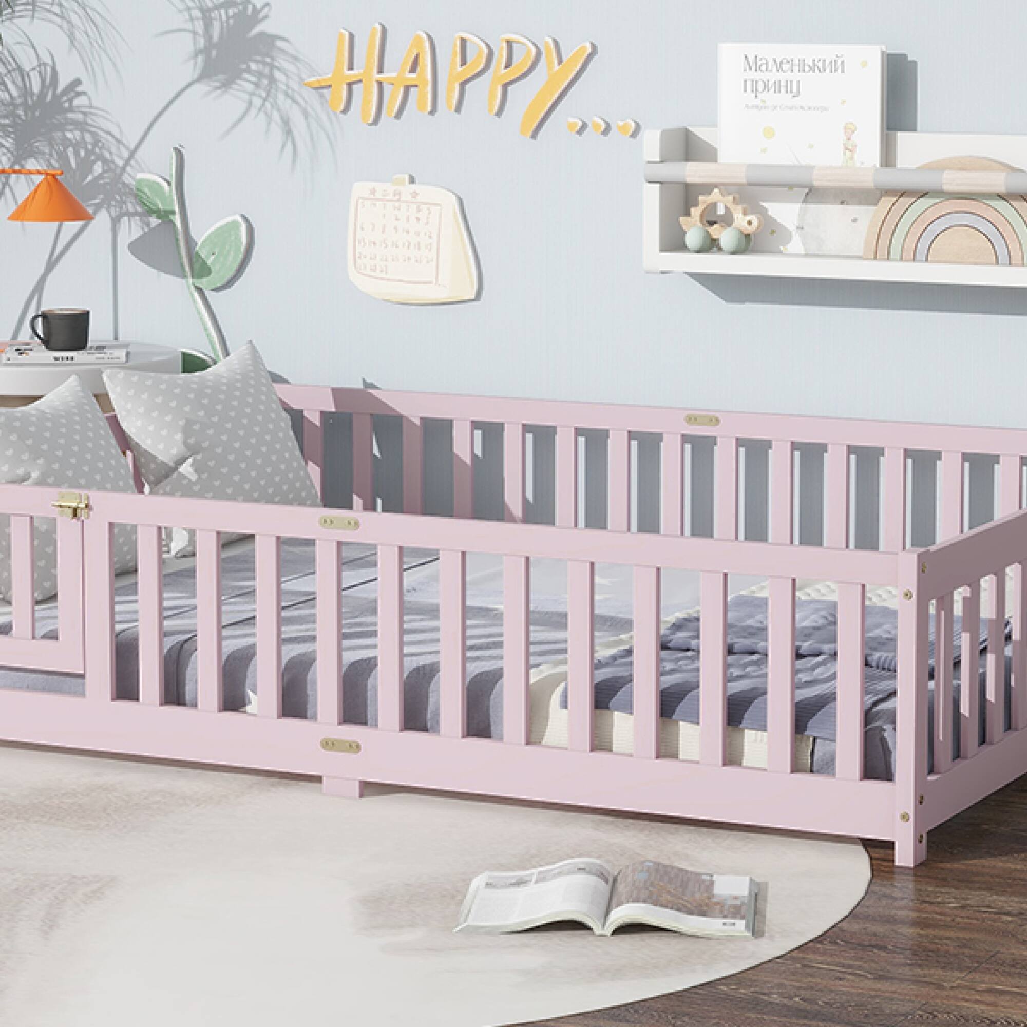 Alt View 5. GOODSILO - Full Size Floor Bed with Safety Fence and Revolving Door for Children, Sturdy Rubber Wood Construction - Pink.