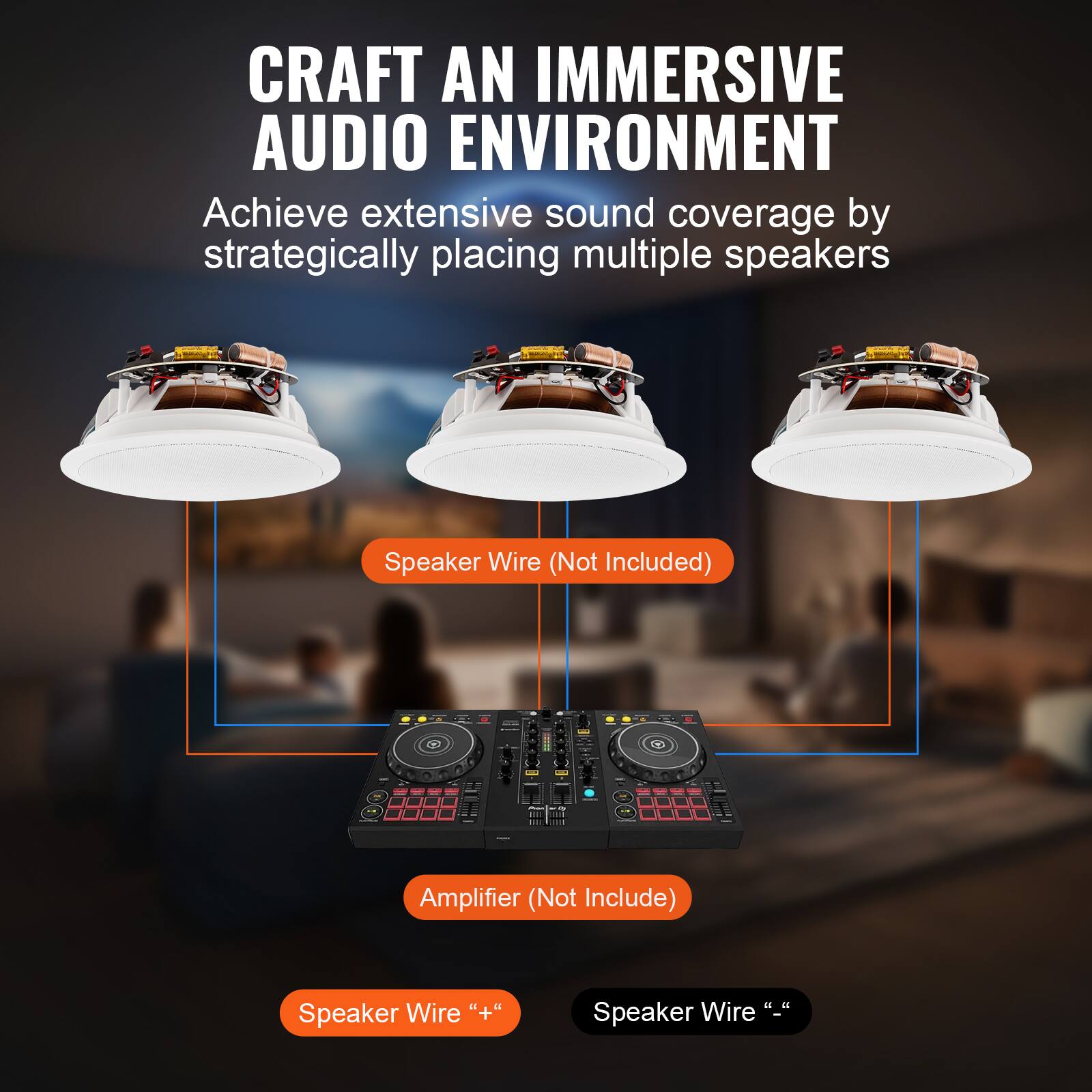 CRAFT AN IMMERSIVE AUDIO ENVIRONMENT

Achieve extensive sound coverage by strategically placing multiple speakers

- Speaker Wire (Not Included)
- Amplifier (Not Included)
- Speaker Wire "+"
- Speaker Wire "-"