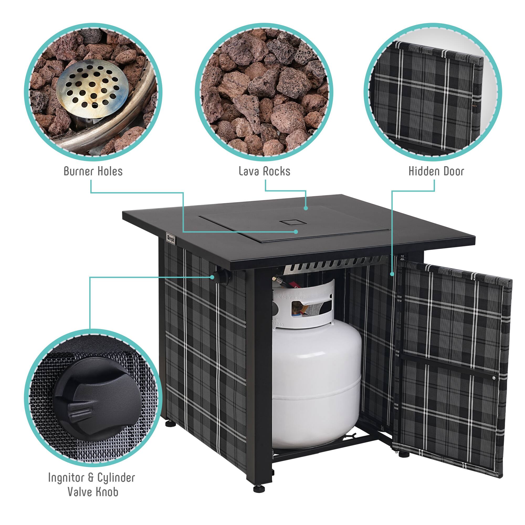 - Burner Holes
- Lava Rocks
- Hidden Door
- Ignitor & Cylinder Valve Knob