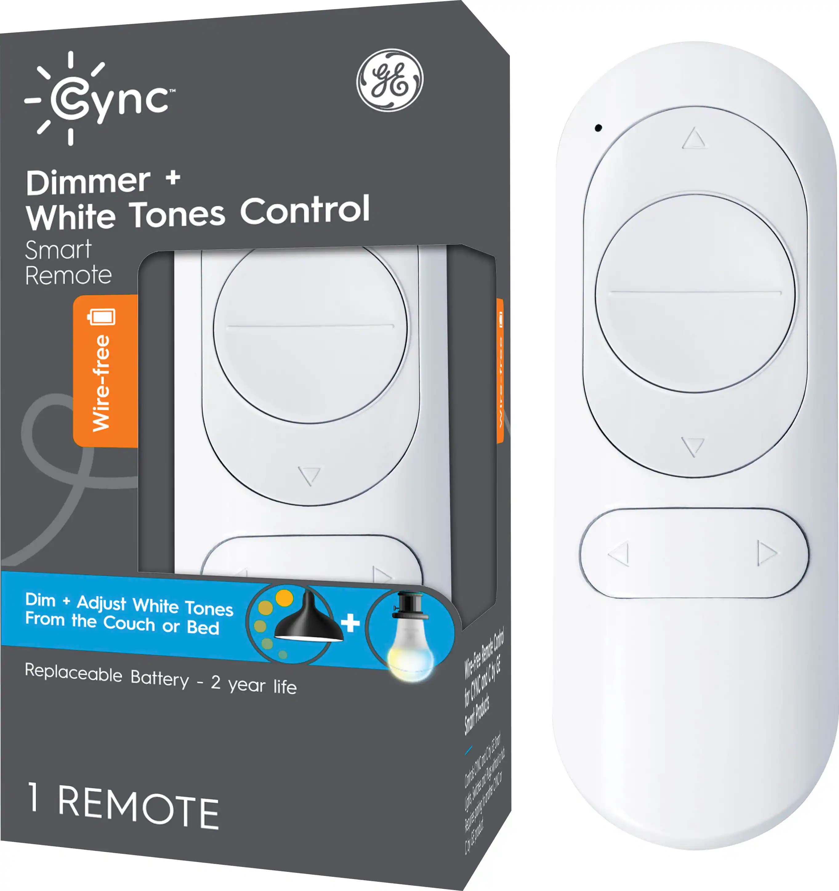 Cync by GE Dimmer + White Tones Control Smart Remote Wire-free Dim + Adjust White Tones From the Couch or Bed Replaceable Battery I 2 year life 1 REMOTE + 2 IQ 200 IQ 200