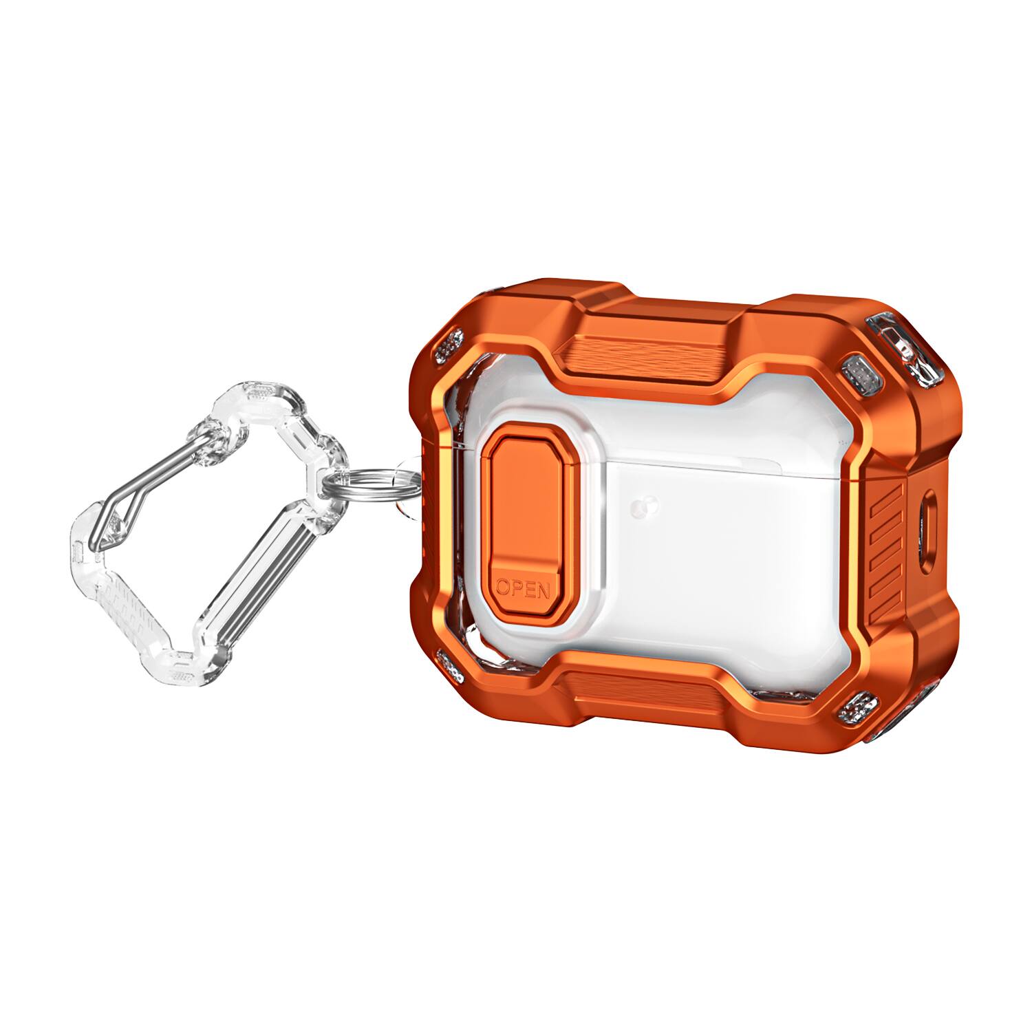 Angle. UUCOVER - Rugged Protective Case for Apple AirPods 5 / AirPods 4 with Lock and Carabiner Shockproof PC Clear Cover - Orange.