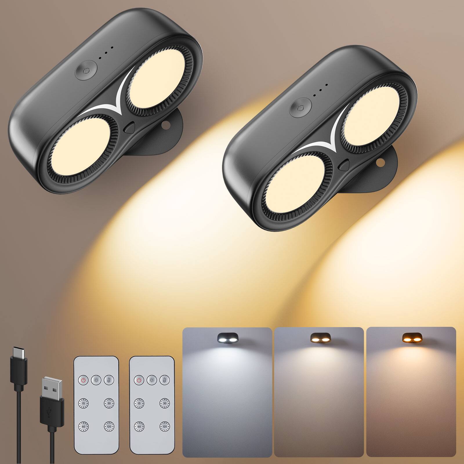 Alt View 7. IMAGE - 2 Pack Dual Cylinder LED Wall Lights 360° Rotatable Design - Black.