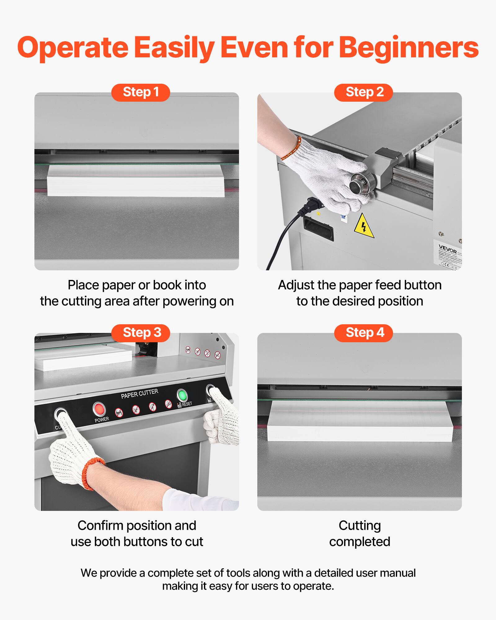 Operate Easily Even for Beginners

Step 1
Place paper or book into the cutting area after powering on

Step 2
Adjust the paper feed button to the desired position

Step 3
Confirm position and use both buttons to cut

Step 4
Cutting completed

We provide a complete set of tools along with a detailed user manual making it easy for users to operate.