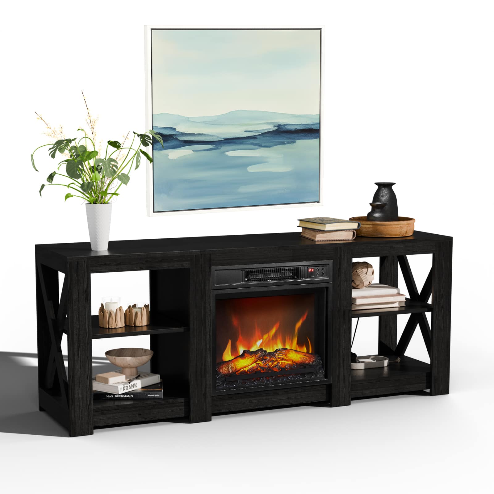 Winado - 59" Electric Fireplace TV Stand with Remoted 18" Fireplace Storage Cabinet Shelves for TVs Up to 65 inch - Black