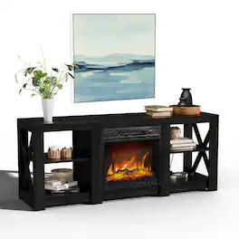 Winado - 59" Electric Fireplace TV Stand with Remoted 18" Fireplace Storage Cabinet Shelves for TVs Up to 65 inch - Black