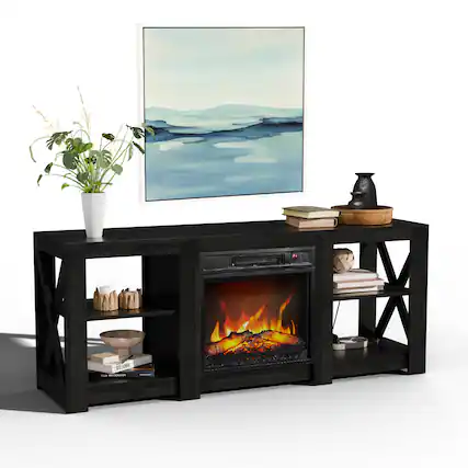 Front. Winado - 59" Electric Fireplace TV Stand with Remoted 18" Fireplace Storage Cabinet Shelves for TVs Up to 65 inch - Black.