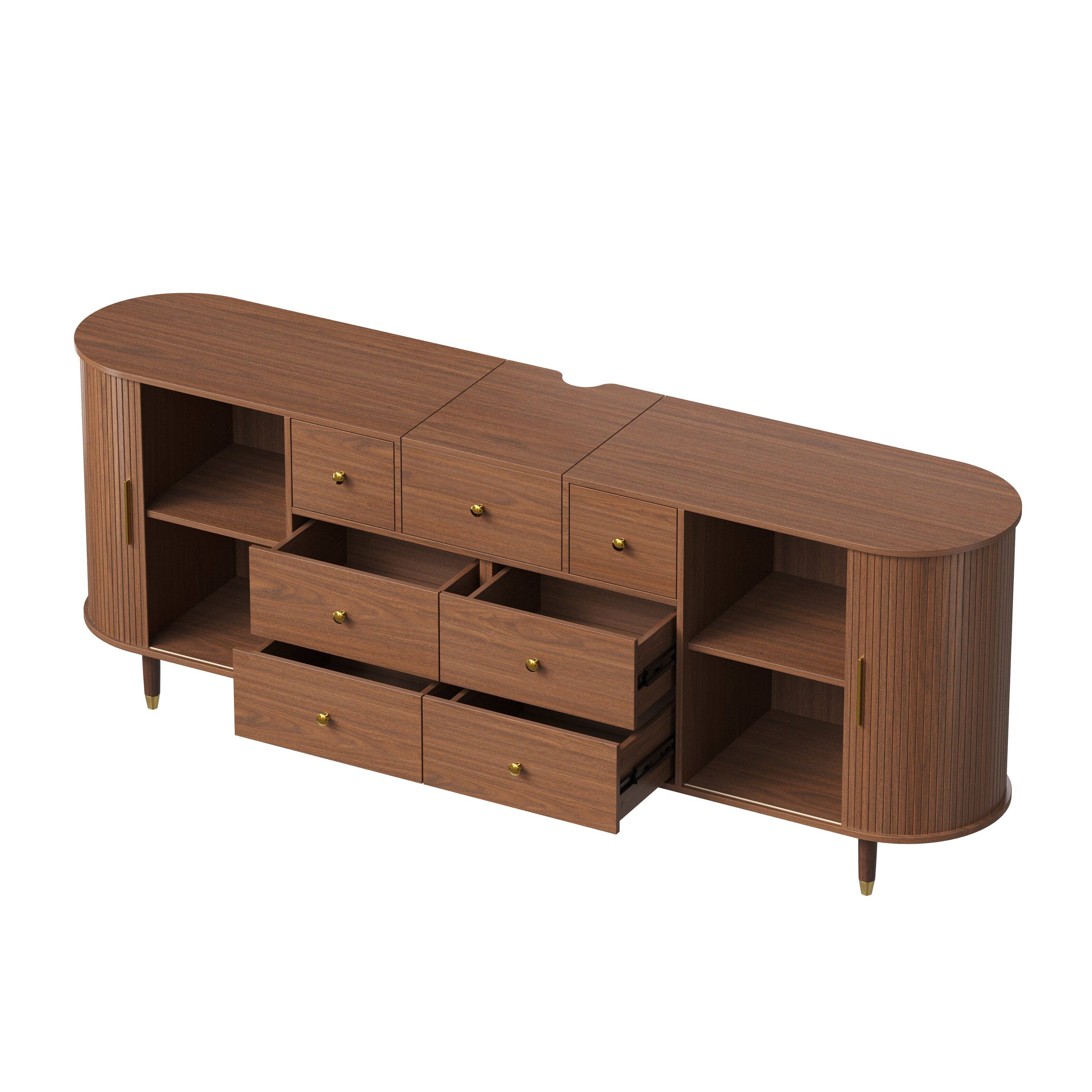 Angle. Famapy - Walnut Fluted TV Stand, Mid-Century Media Console with Drawers, Sliding Doors & Short Throw Projector Top - Walnut.