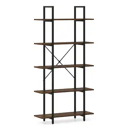 Front. Kadyn - 5-Tier 62" Tall Vintage Industrial Bookcase - Open Storage Shelves, Rustic Brown + Black - Brown.