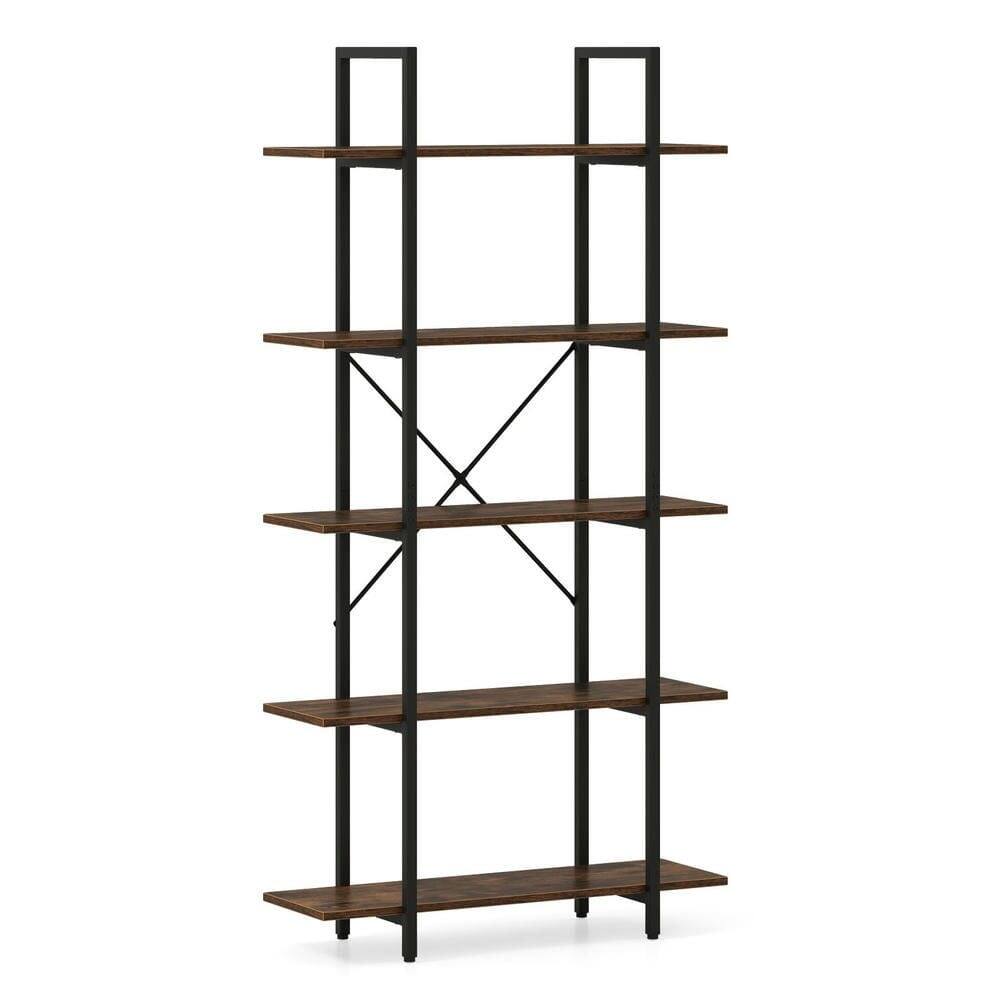 Front. Kadyn - 5-Tier 62" Tall Vintage Industrial Bookcase - Open Storage Shelves, Rustic Brown + Black - Brown.