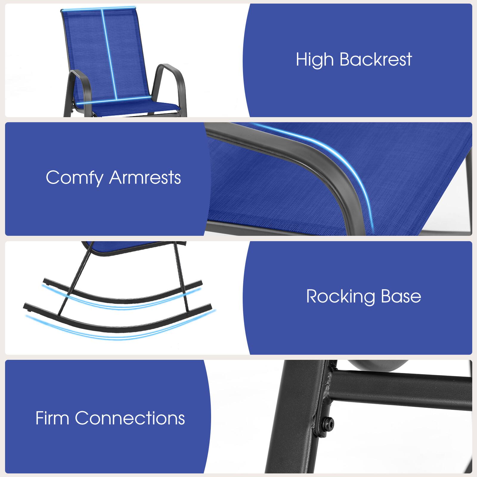 High Backrest  
Comfy Armrests  
Rocking Base  
Firm Connections