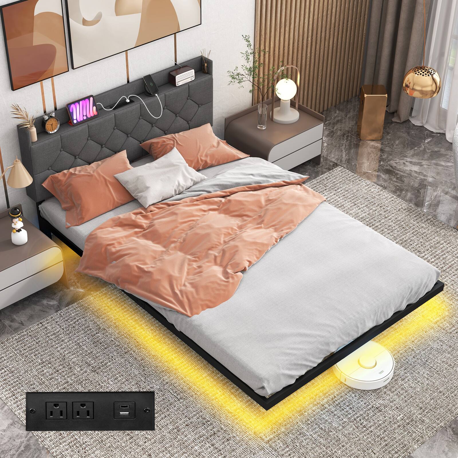 Alt View 4. LUCKY ONE - Full/Queen Assembled Floating Bed Frame with LED Lights Headboard Charging Station 8" Clearance - Grey-Full.