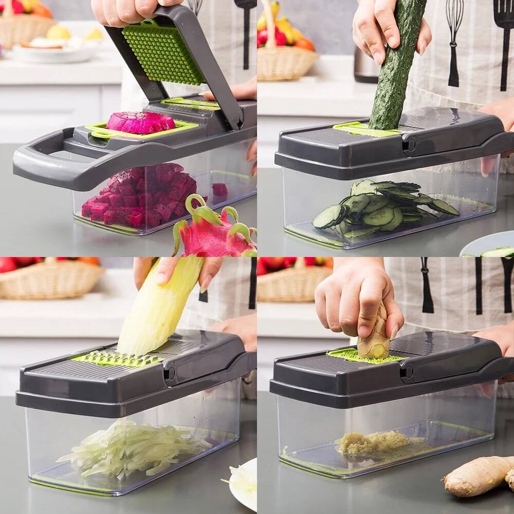 Back. MOVSSOU - Vegetable Chopper Multifunctional 8 Blades Grater Slicer - green.