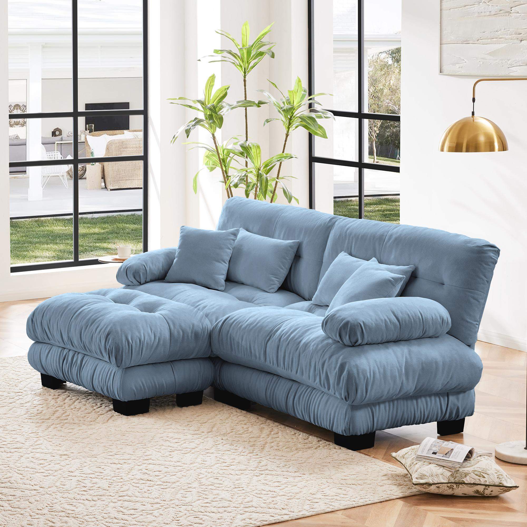 Angle. LOVMOR - Cloud Couch Sectional Sofa for Living Room Chenille 2 Seater Sofa with 2 Lumbar pillows and 2 throw pillows Upholstered - Blue.