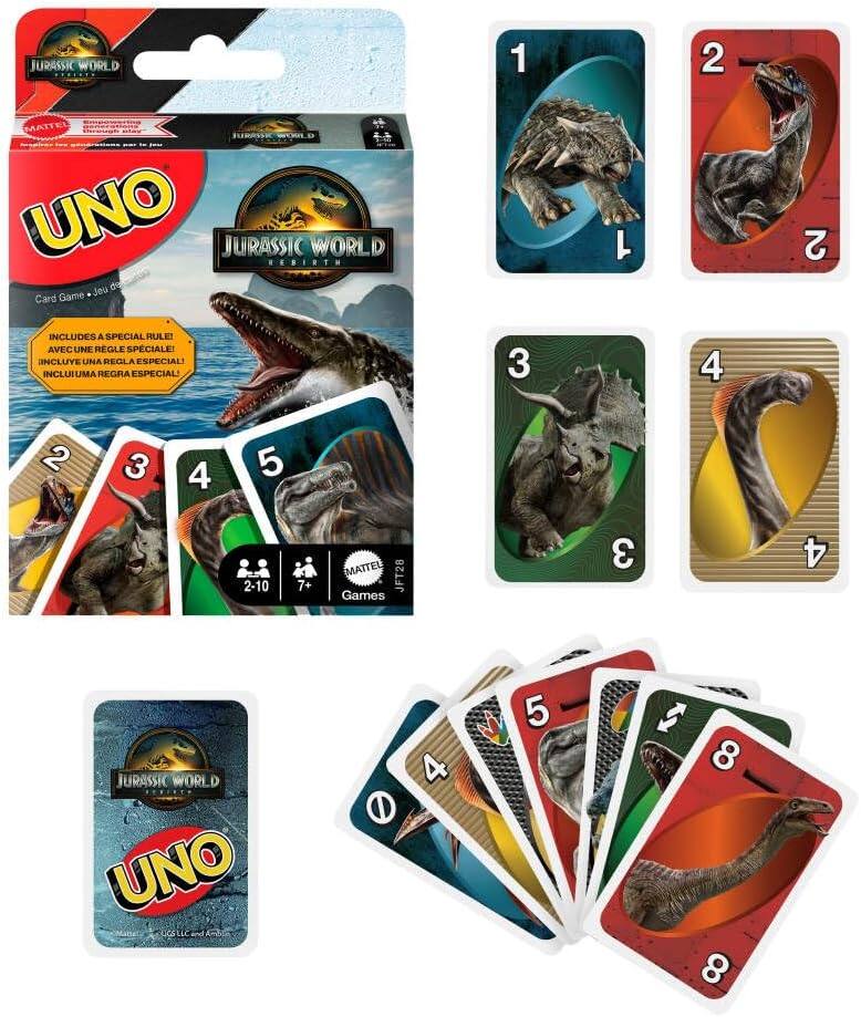 JURASSIC WORLD  
UNO  
Card Game - Jeu de cartes  

INCLUDES A SPECIAL RULE!  
INCLUYE UNA REGLA ESPECIAL!  
INCLUUIUMA REGRA ESPECIAL!  

2-10 players  
7+ years  

MATTEL Games  
JFT28  

UNO  
JURASSIC WORLD  
REBIRTH  

2-10  
7+