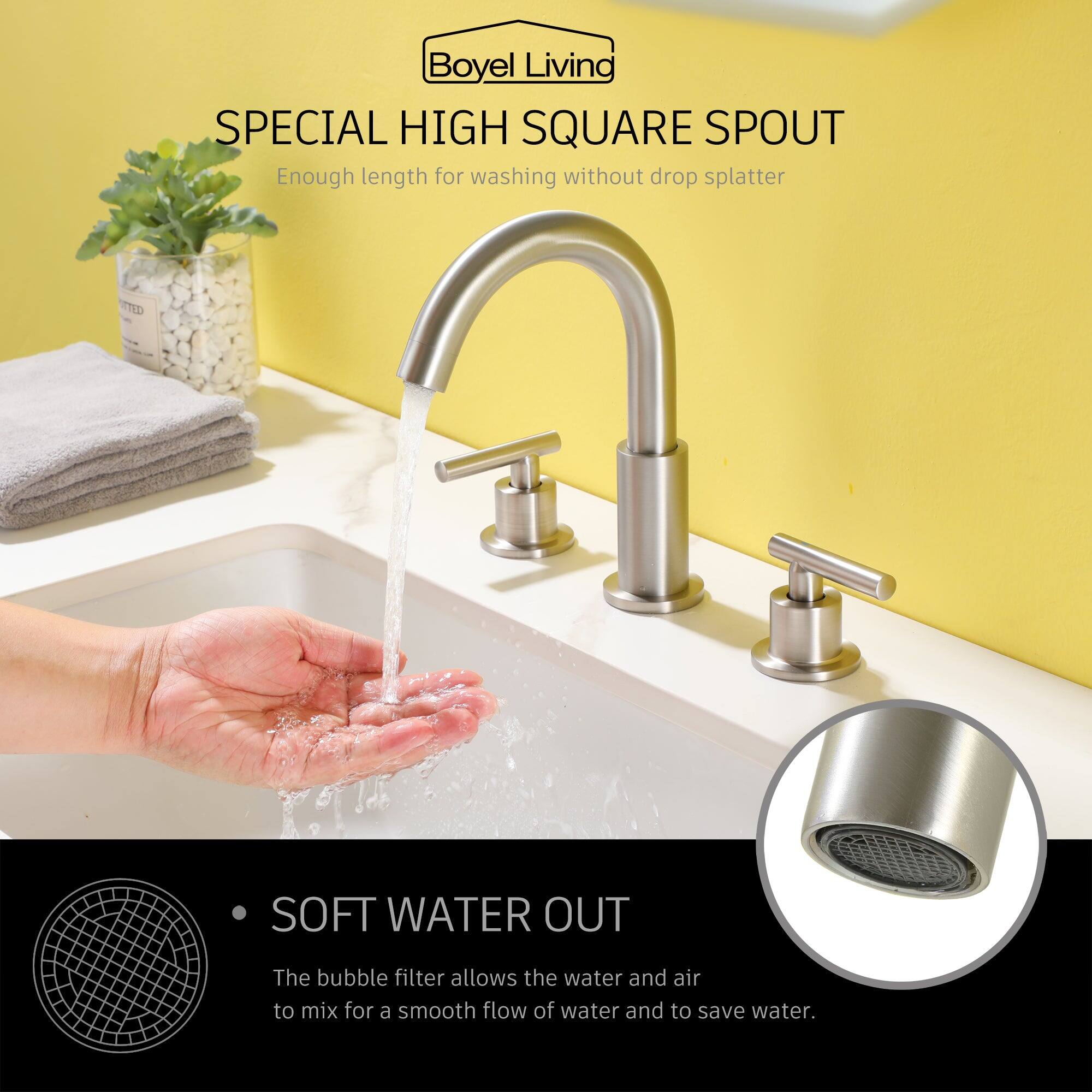 Boyel Living SPECIAL HIGH SQUARE SPOUT Enough length for washing without drop splatter

SOFT WATER OUT
The bubble filter allows the water and air to mix for a smooth flow of water and to save water.
