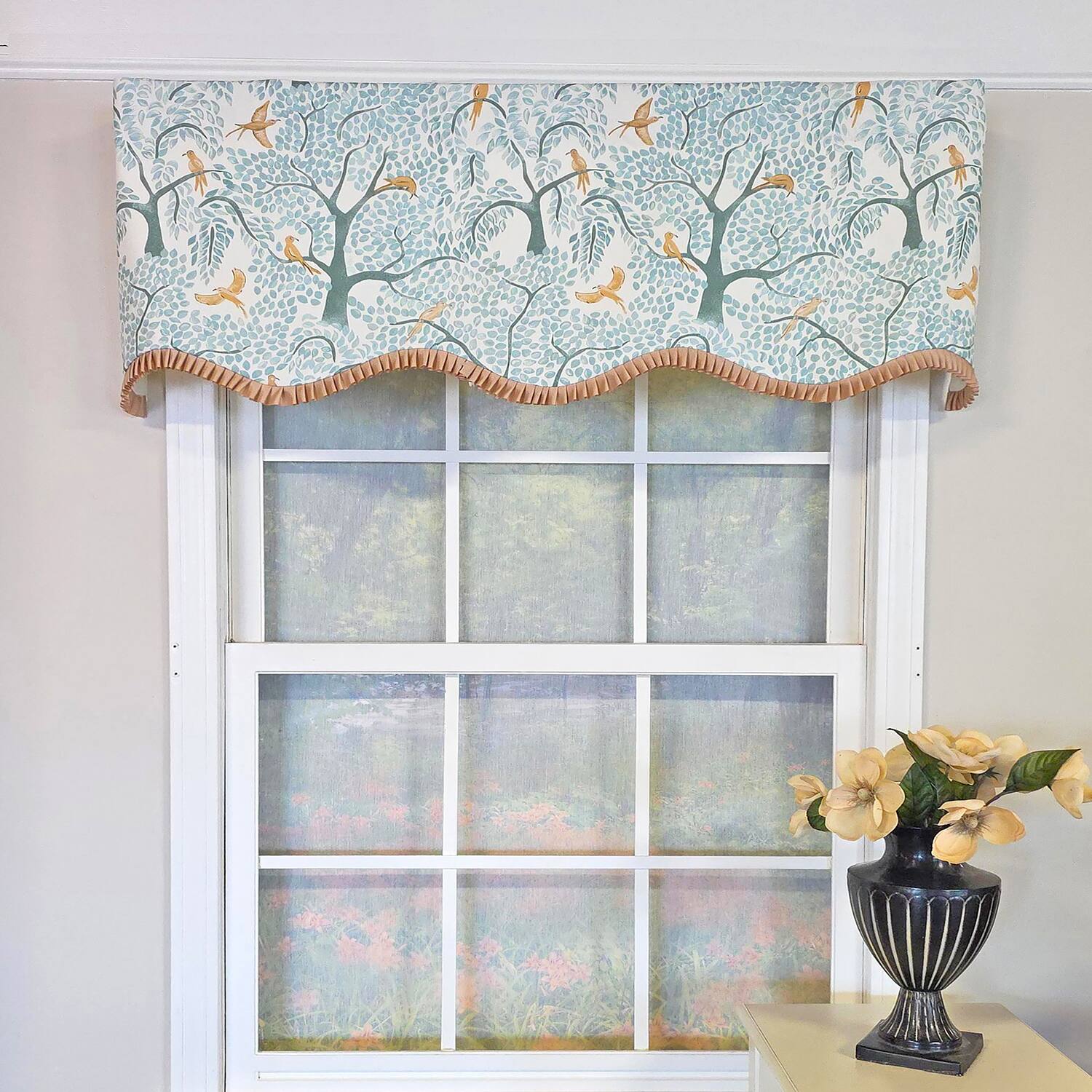 Angle. RLF Home - RLF Home Tree Bird Ruffled Provance Window Valance 100% Cotton Lined Rod Pocket 50" x 17" Blue - Blue.