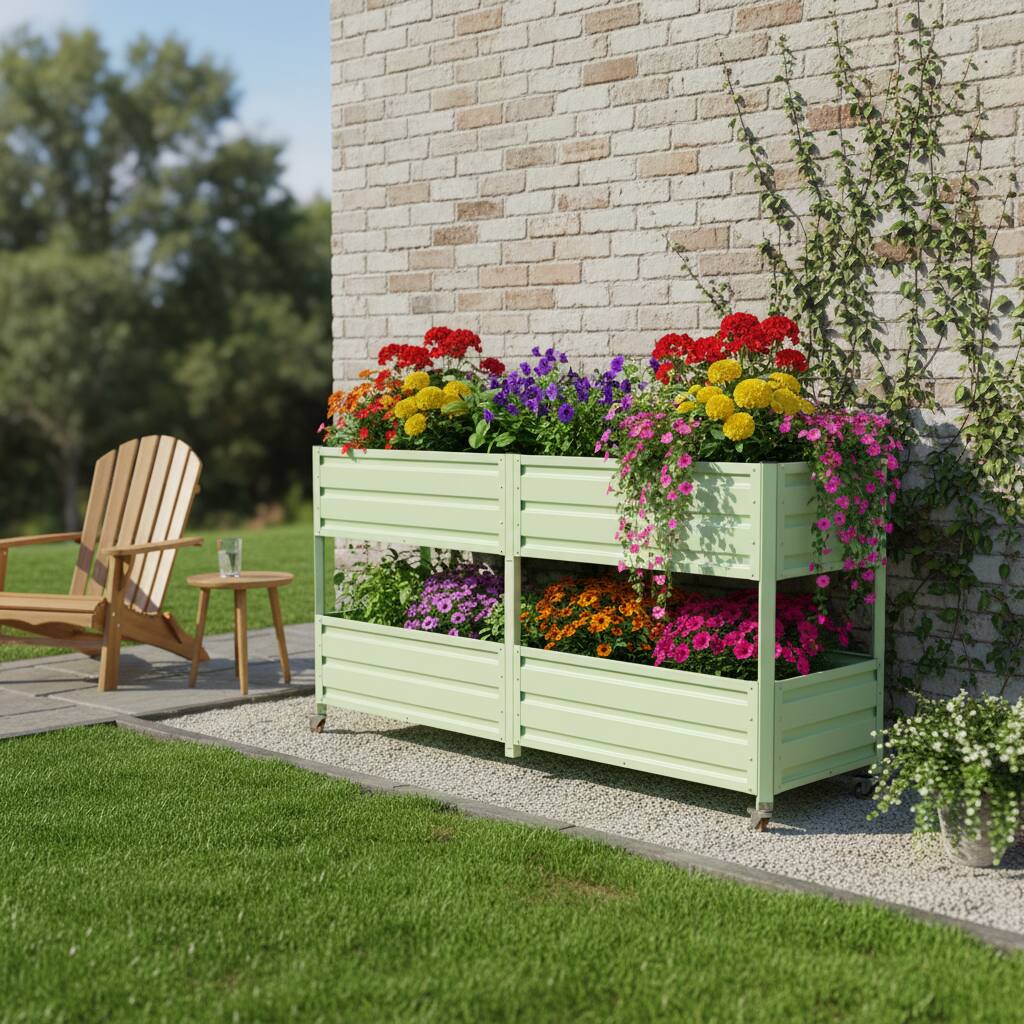 Alt View 4. Loheer - Loheer 2-Tier Elevated Raised Garden Bed Rolling Metal Planter Box with Lockable Wheels Green.