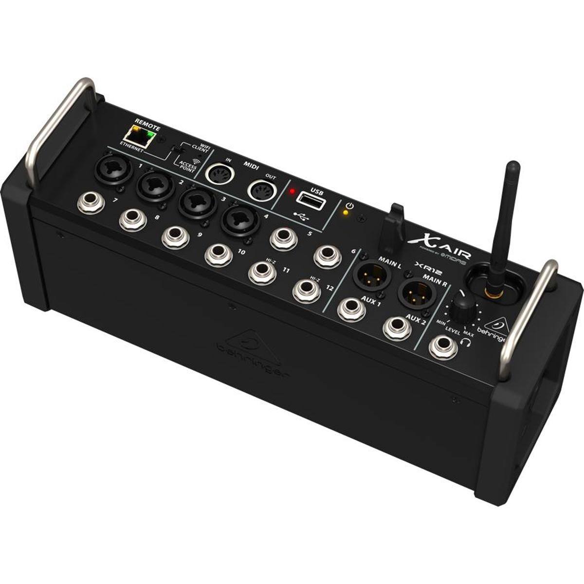 REMOTE ETHERNET - 1 7 CLIENT ACCESS 2 - 3 MIDI OUT USB a 4 ; 9 S 10 "1 v-2 12 behringer 6 x XAIR MAIN L MAIN R AUX 1 AUX 2 MIN LEVEL MAX behringer