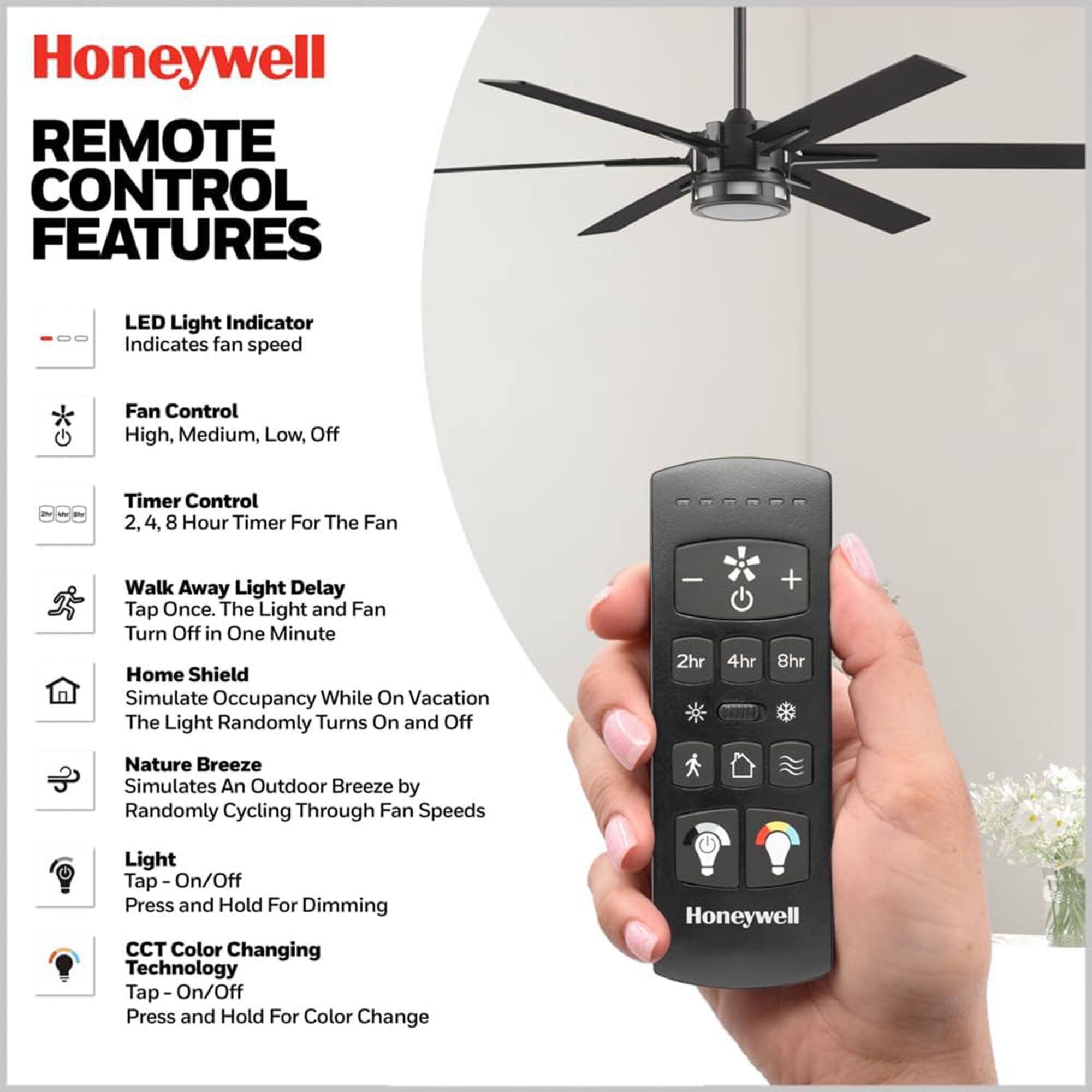 Honeywell Remote Control Features

- LED Light Indicator: Indicates fan speed
- Fan Control: High, Medium, Low, Off
- Timer Control: 2, 4, 8 Hour Timer For The Fan
- Walk Away Light Delay: Tap Once. The Light and Fan Turn Off in One Minute
- Home Shield: Simulate Occupancy While On Vacation. The Light Randomly Turns On and Off
- Nature Breeze: Simulates An Outdoor Breeze by Randomly Cycling Through Fan Speeds
- Light: Tap - On/Off. Press and Hold For Dimming
- CCT Color Changing Technology: Tap - On/Off. Press and Hold For Color Change