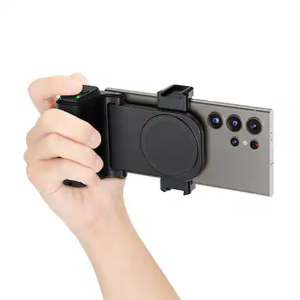 Front. COTTAGE - Travel Phone Camera Grip Smartphone Handle With Remote Cold Shoe Adapter For Pro Max S24 S25 Holder Vlog Se... - Clip on Phone Camera Grip Black.