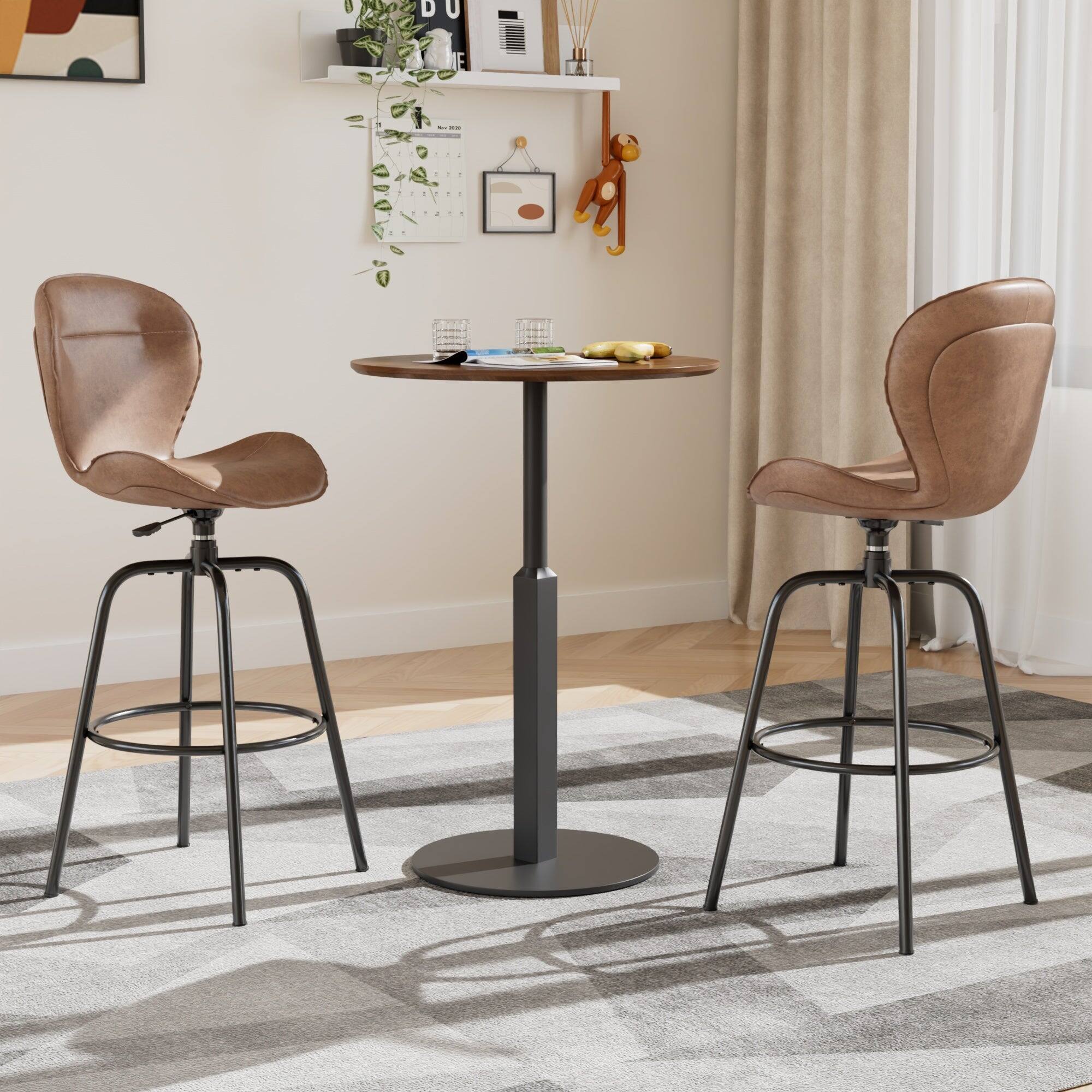 Angle. Vecelo - Set of 2 Swivel Bar Stools  - Brown Faux Leather 360 Degree Swivel Stools , Stable T-Shaped Base Counter Height Stools - Brown.