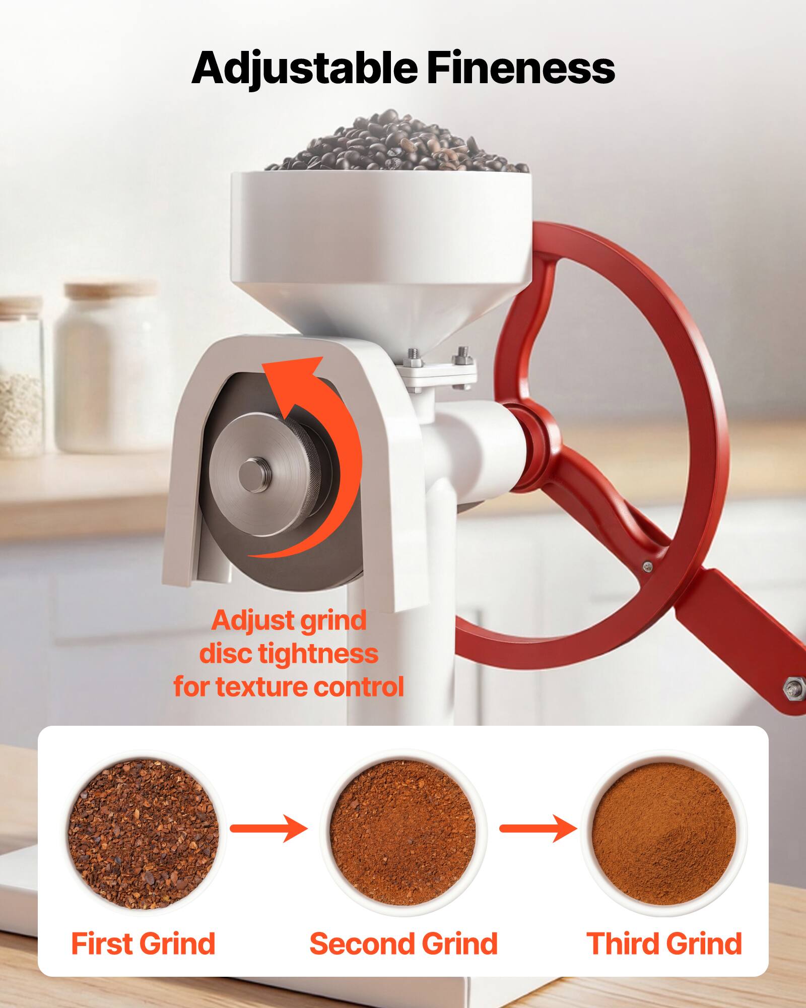 Adjustable Fineness

Adjust grind disc tightness for texture control

First Grind → Second Grind → Third Grind
