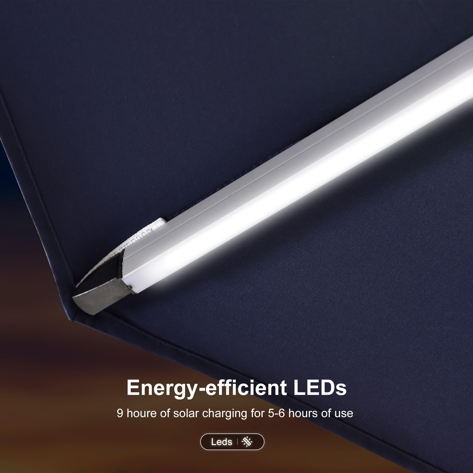 Energy-efficient LEDs  
9 hours of solar charging for 5-6 hours of use  
Leds