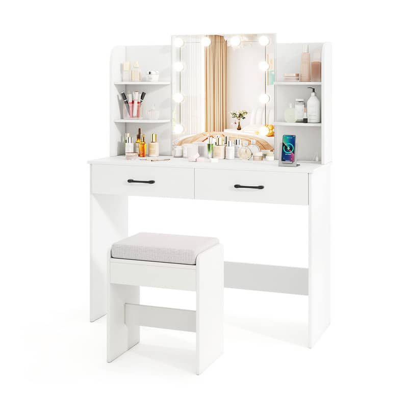 WELLFOR - Vanity Desk Set with Mirror and Lights, Makeup Vanity Table with Stool& Charging Station, Modern Vanity Dressing Table - White